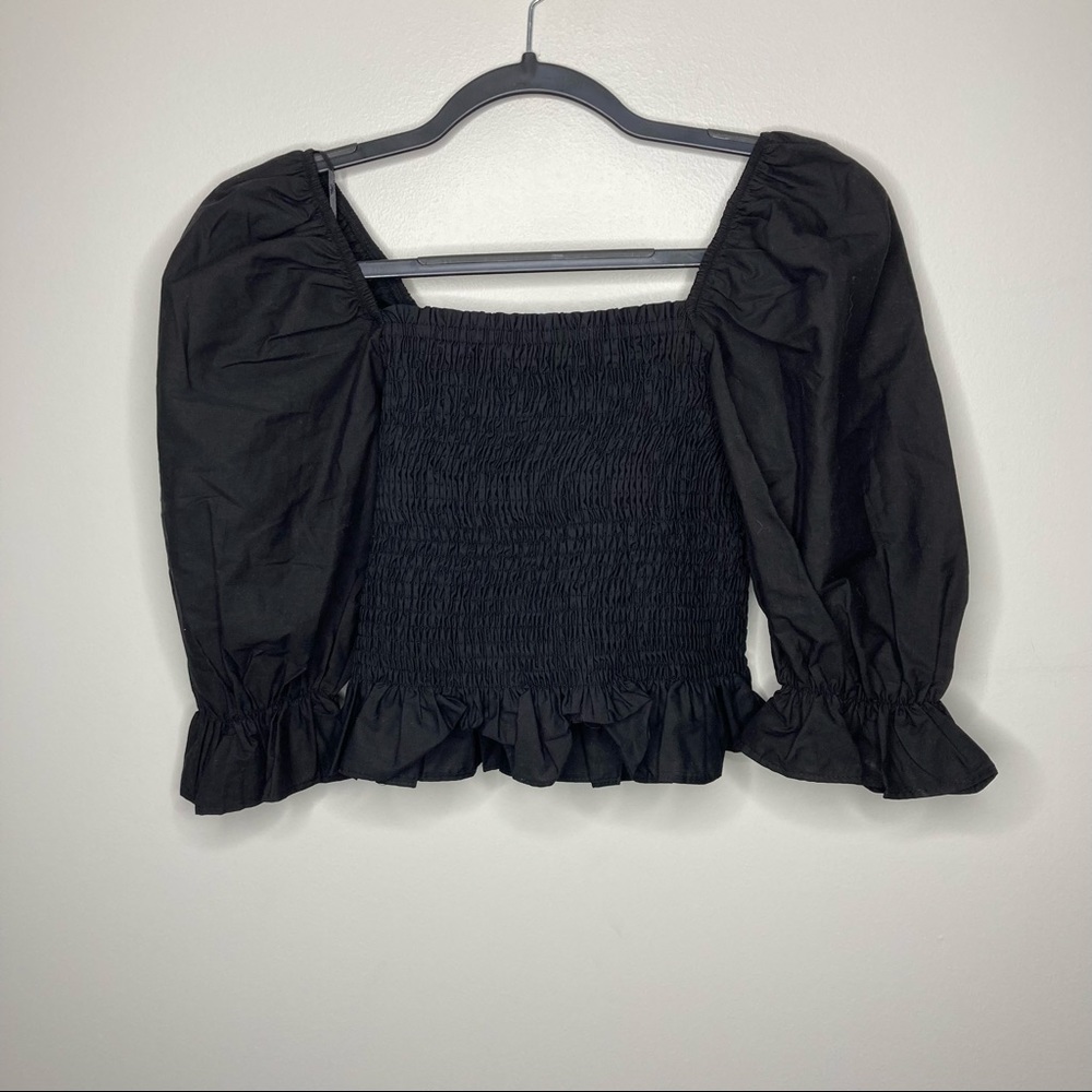 ZARA Smocked Black Puff Sleeve Crop Top Small